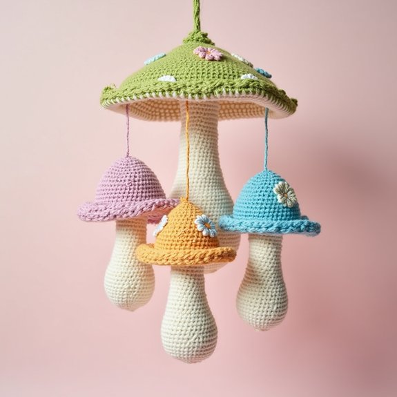 colorful crocheted mushroom decor