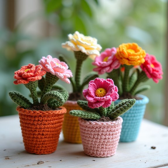 colorful yarn flower pots