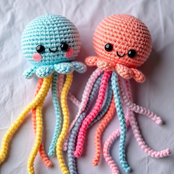 crocheted jellyfish with ribbons
