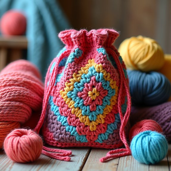 handmade crochet drawstring bag