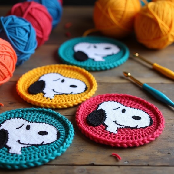 snoopy themed crochet coasters
